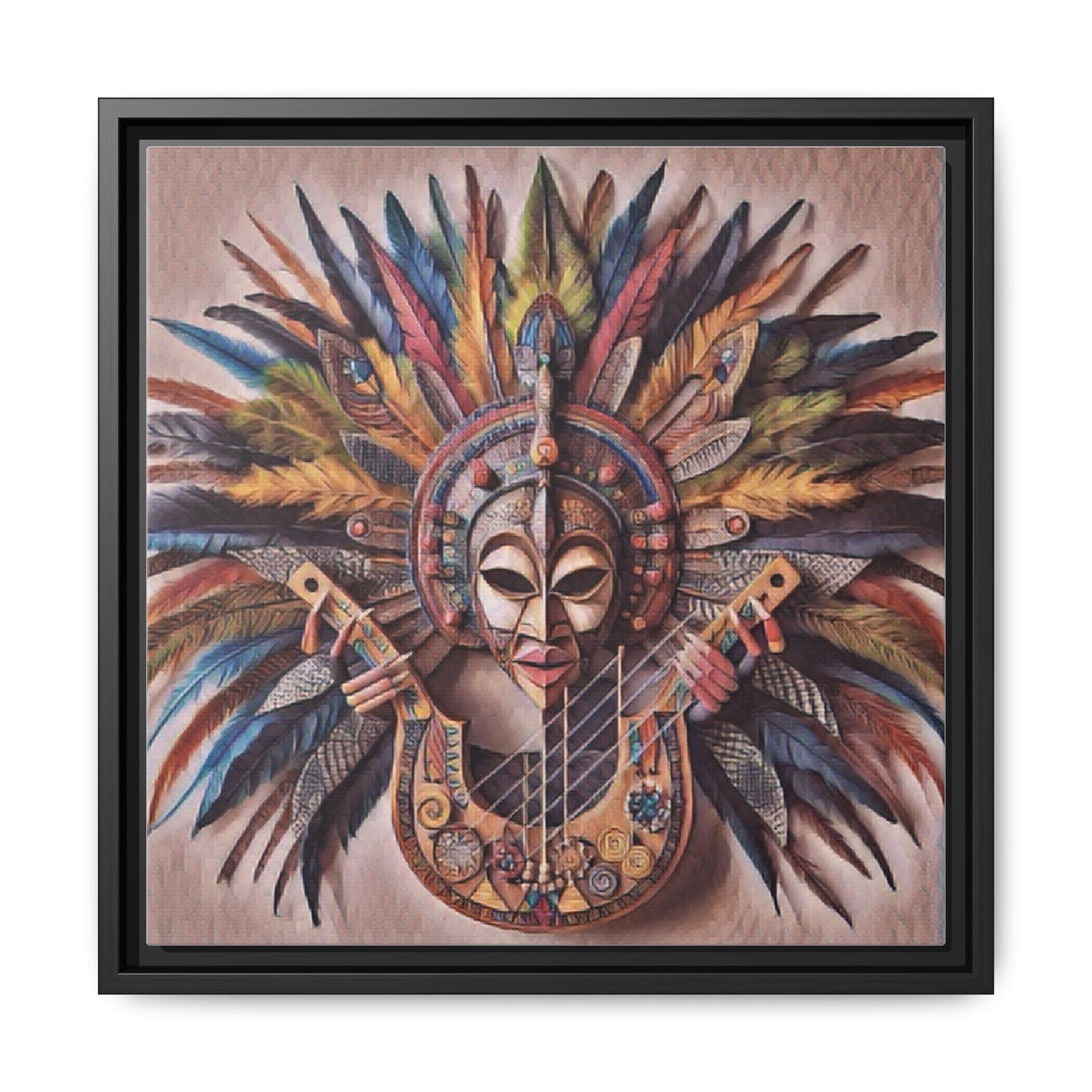 Tribal Feather Mask Guitar Framed Canvas Art — Colorful Boho Wall Decor