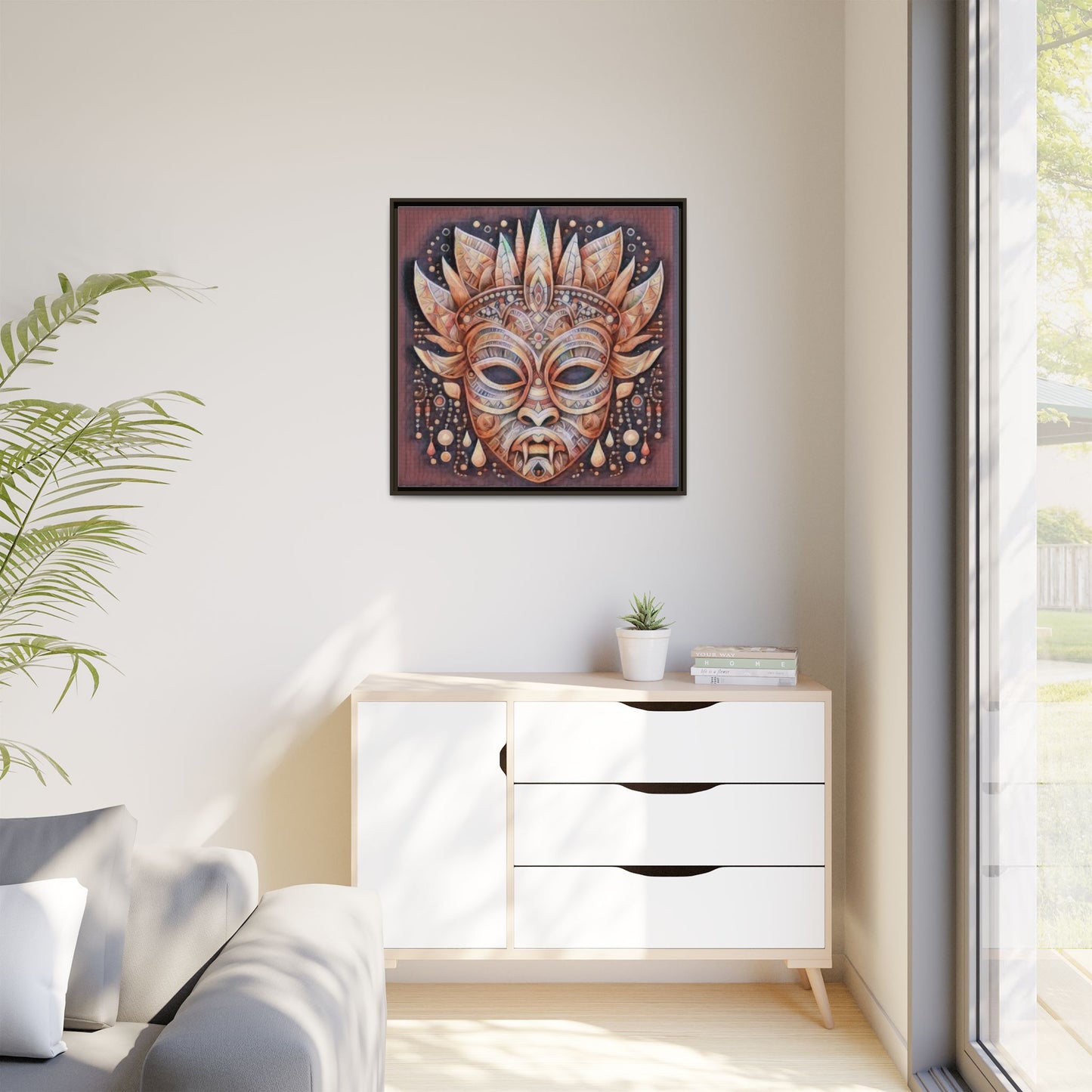 Tribal Sun Mask Framed Canvas Art — Boho Ethnic Wall Decor