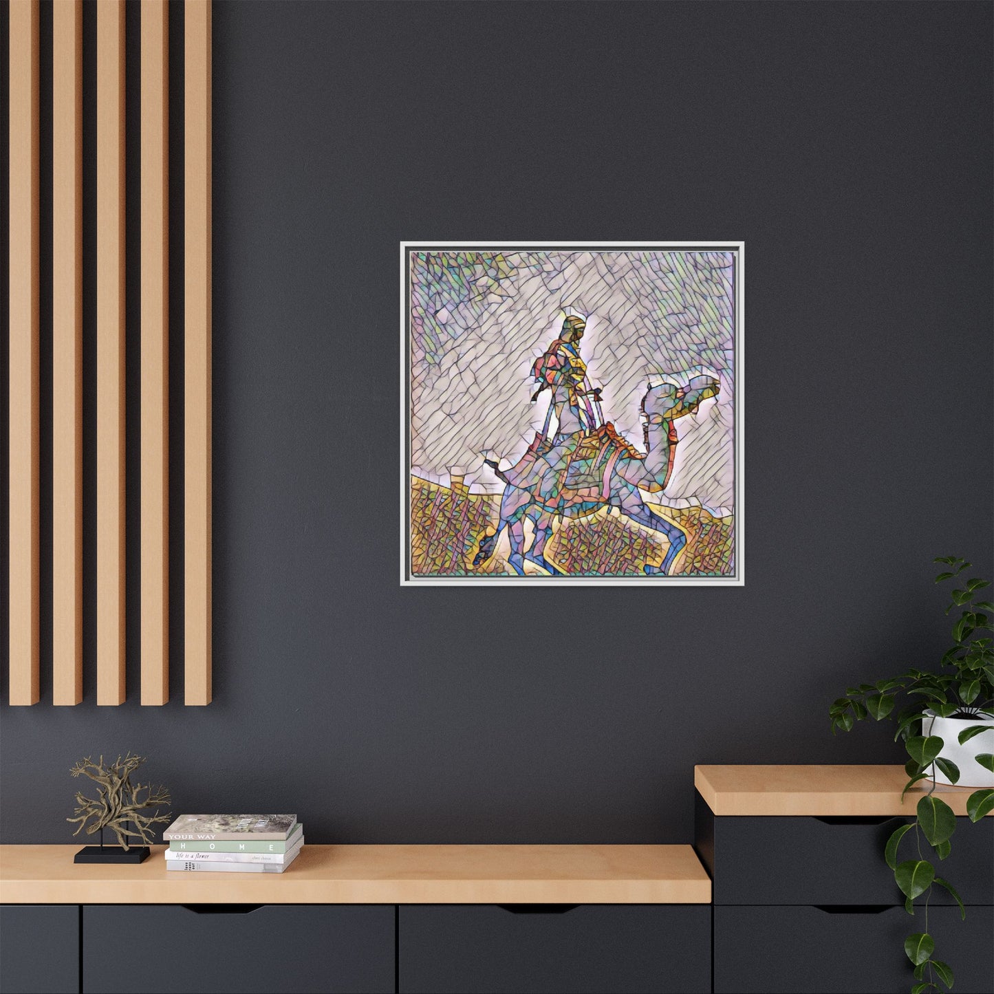 Framed Camel Rider Matte Canvas Art — Colorful Mosaic Desert Wall Decor