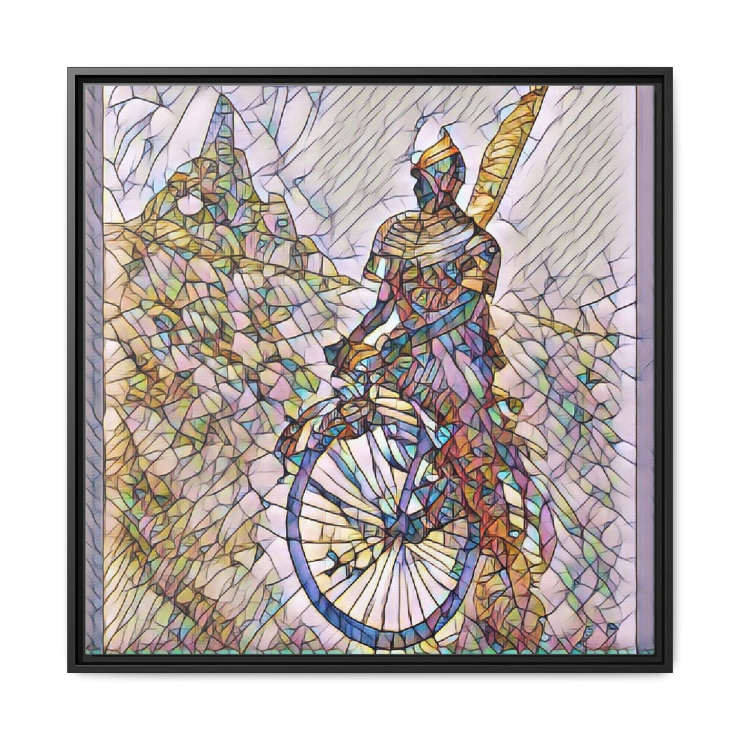 Cyclist Stained Glass Art Print — Framed Matte Canvas