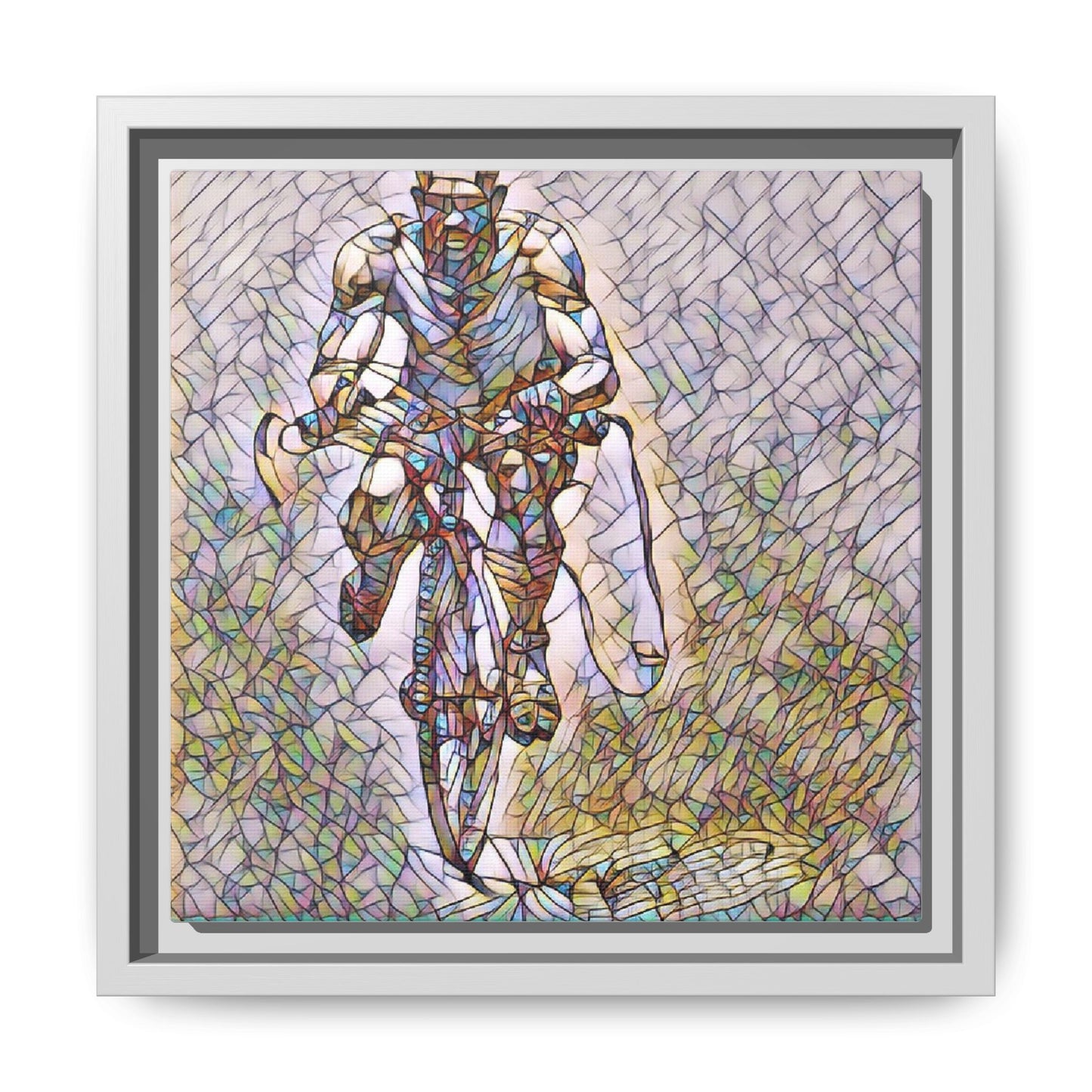 Cyclist Art Print — Framed Matte Canvas Wall Art (Multicolor Stained-Glass Style)