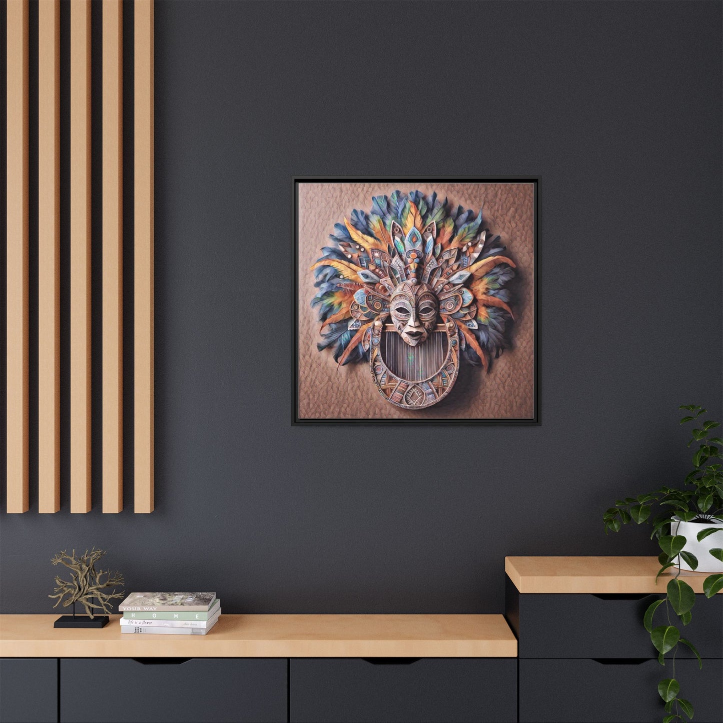 Tribal Feather Mask Framed Canvas Wall Art — Colorful Boho Decorative Print