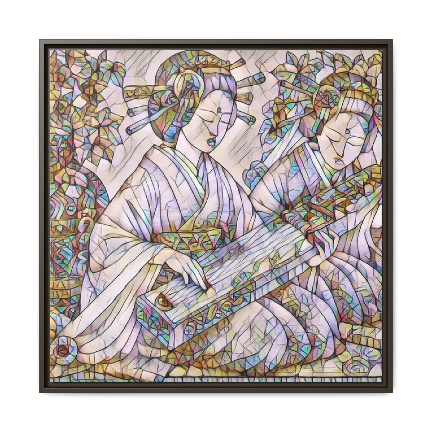 Framed Matte Canvas Print — Stained-Glass Geisha Duo