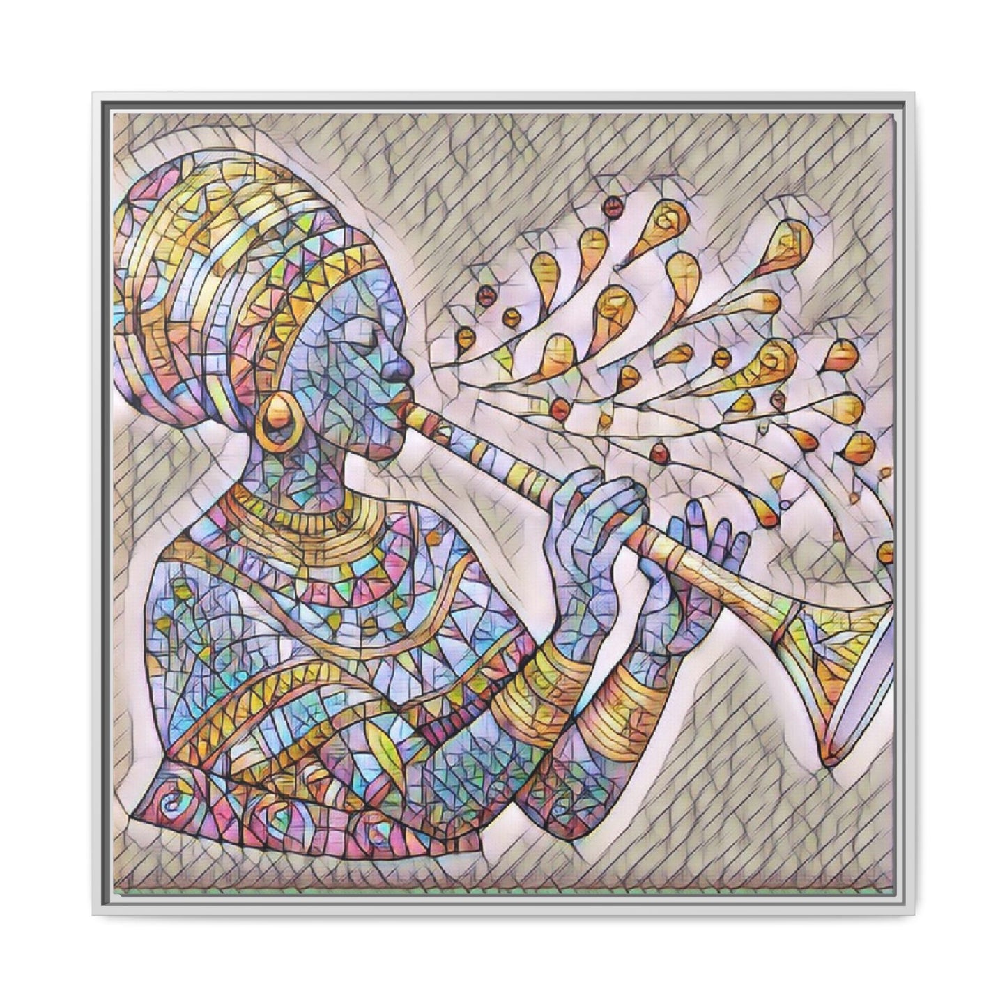 Framed Matte Canvas Art – Colorful African Musician Trumpet Print