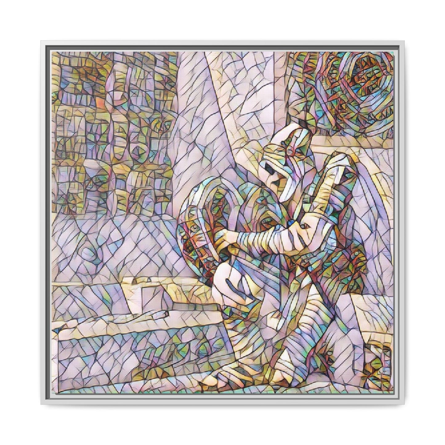 Framed Matte Canvas Art — Colorful Stained-Glass Astronaut Embrace