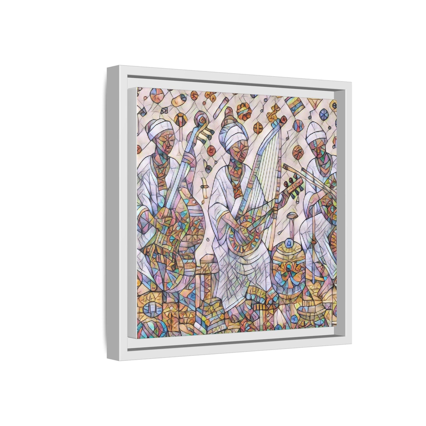 Framed Matte Canvas Print — Colorful African Musicians Stained-Glass Art