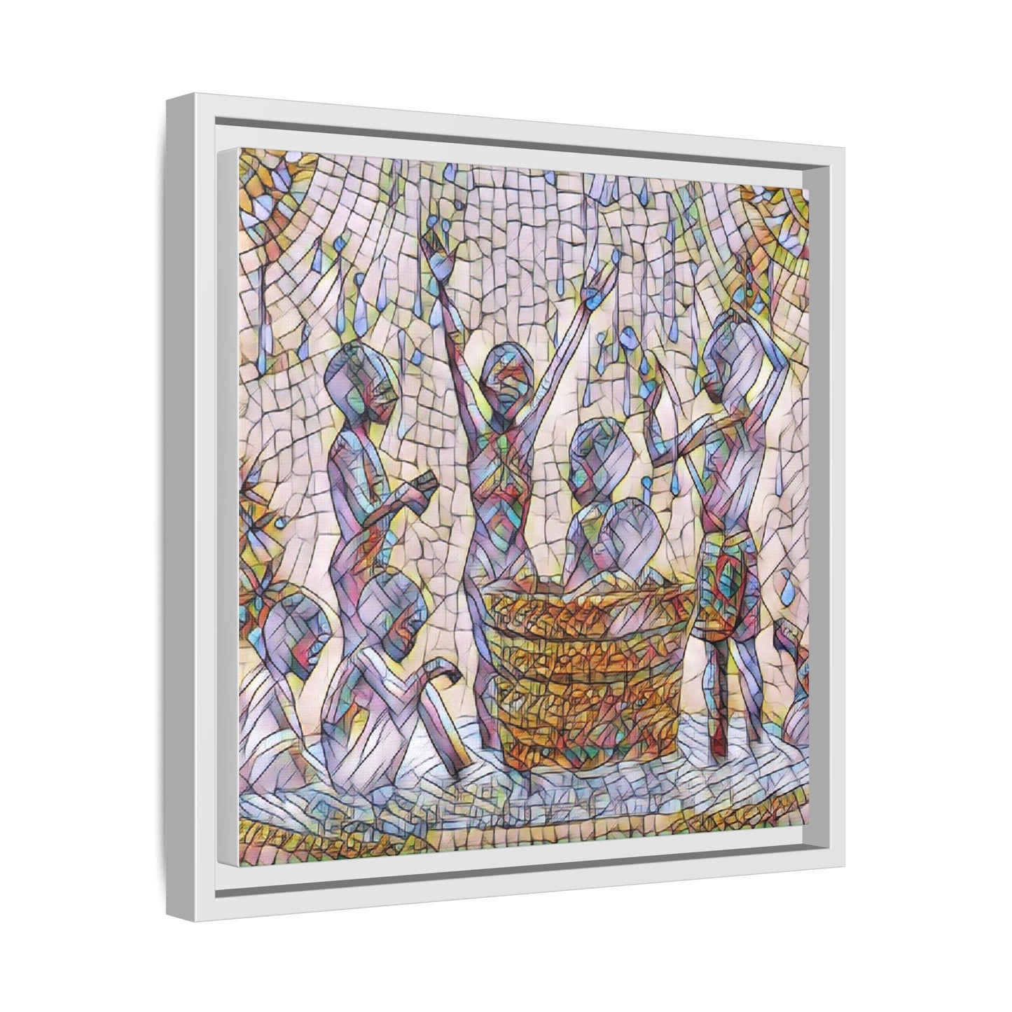 Framed Matte Canvas Art — Children Playing Mosaic Illustration