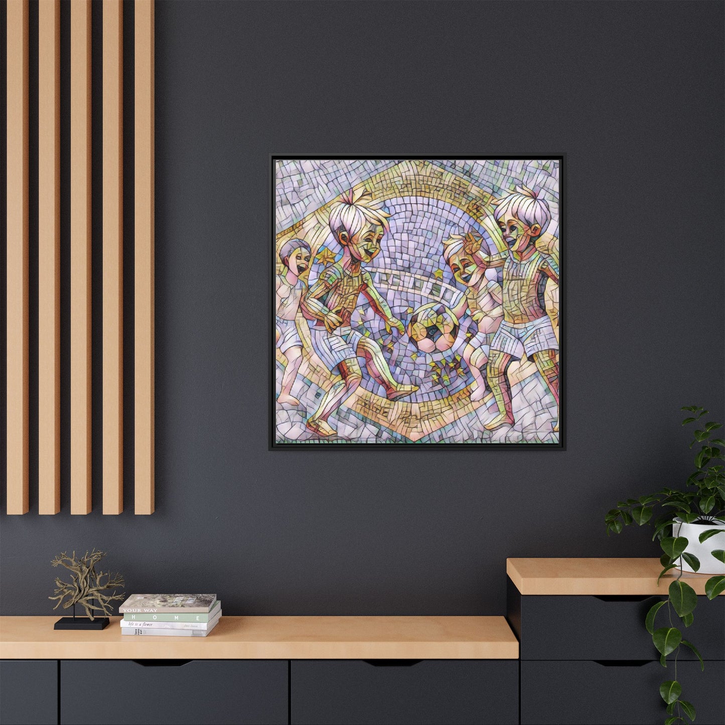 Framed Matte Canvas – Vintage Mosaic Kids Playing Soccer Art