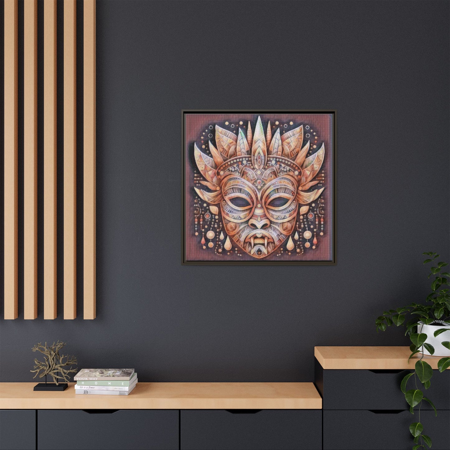 Tribal Sun Mask Framed Canvas Art — Boho Ethnic Wall Decor