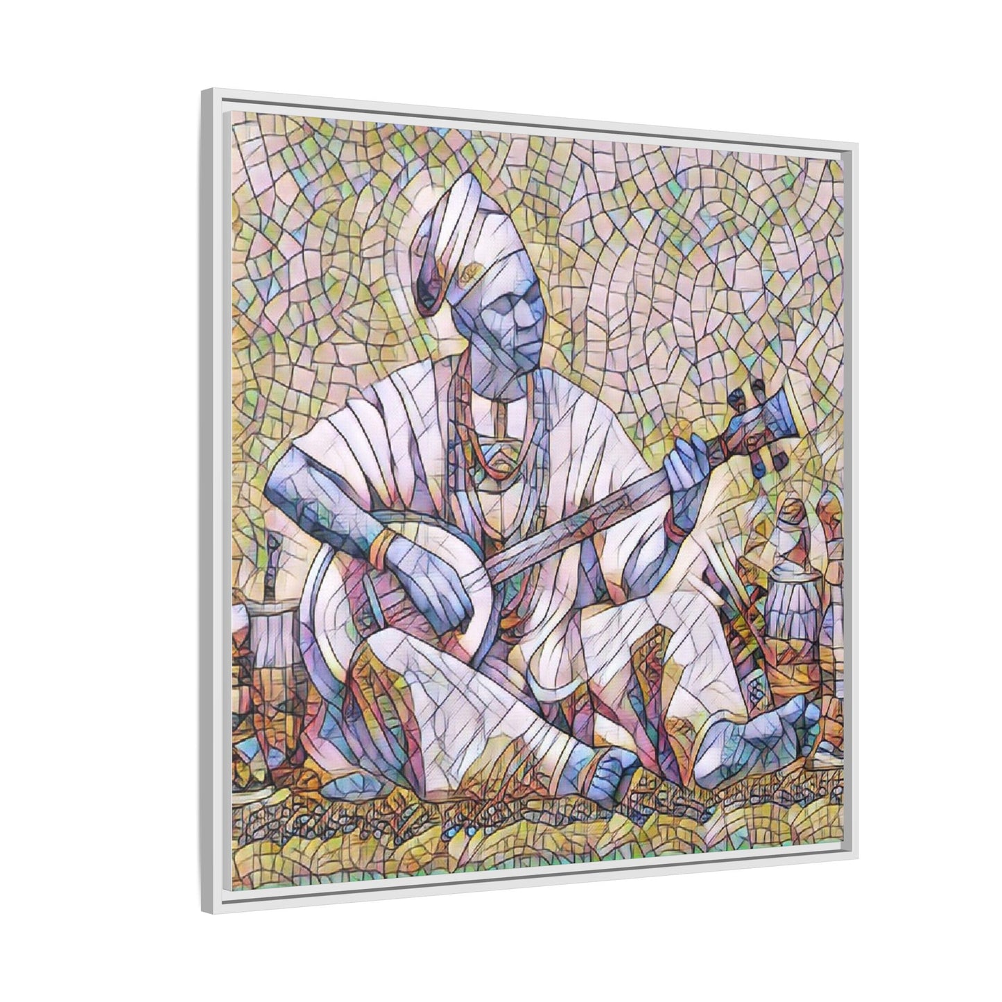 Framed Mosaic Musician Canvas Art — African Griot with Kora