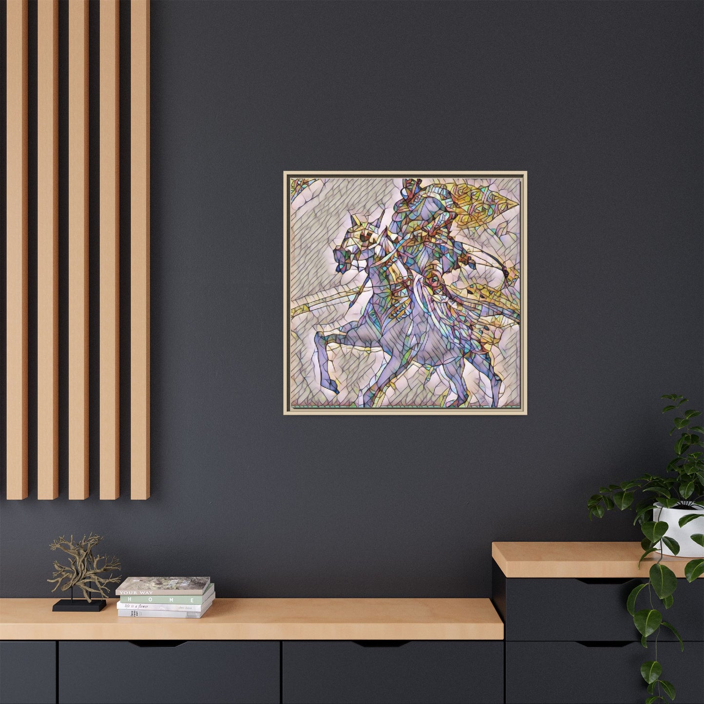 Framed Matte Canvas Art — Stained Glass Knight on Horse Fantasy Wall Decor