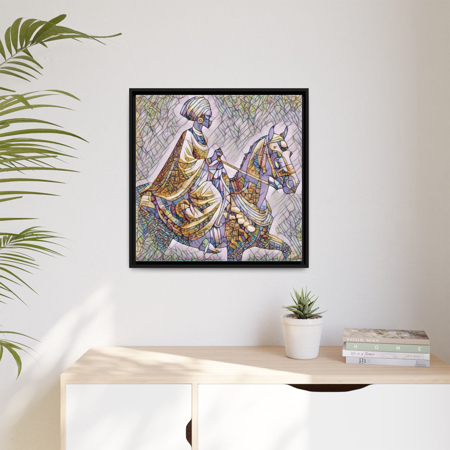 Mosaic Rider Framed Canvas Art — African Horsewoman Wall Decor