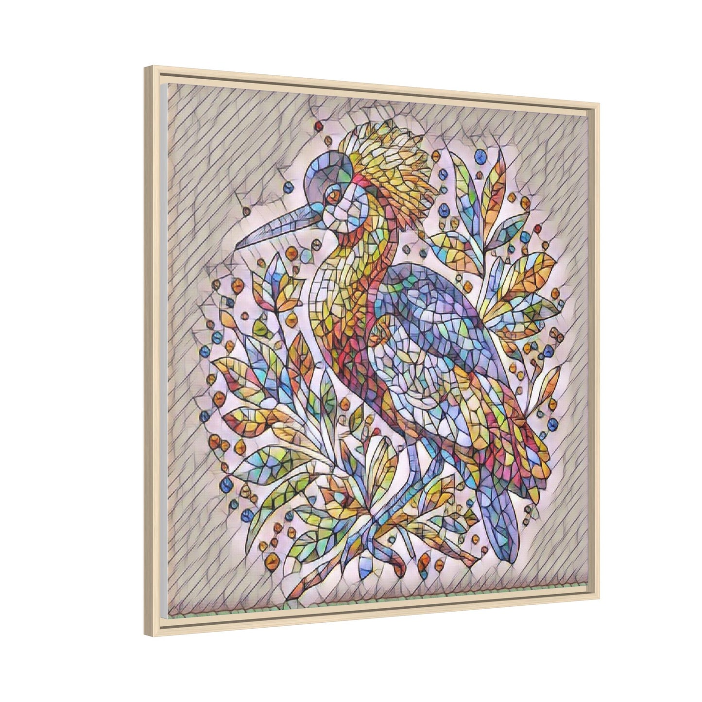 Colorful Stained-Glass Heron — Framed Matte Canvas Wall Art