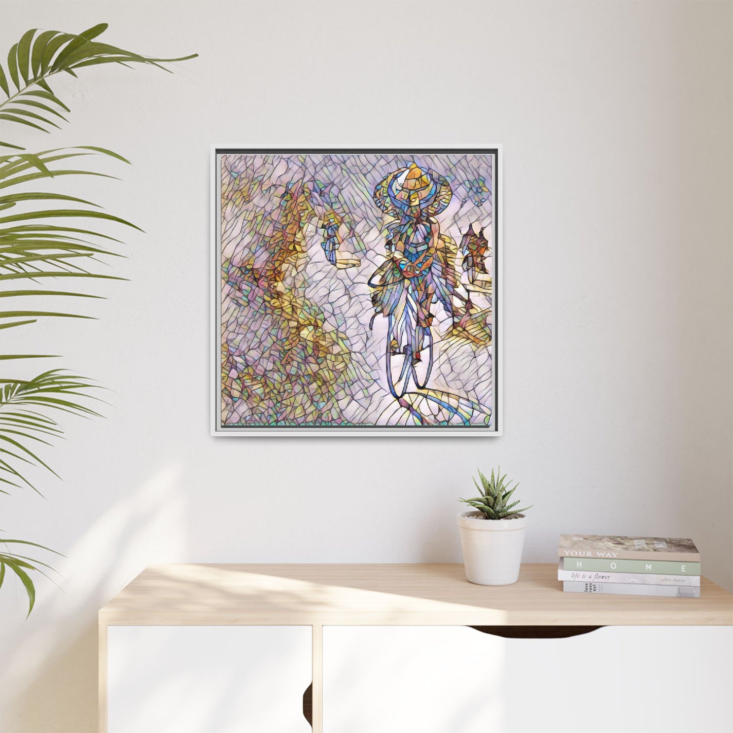 Abstract Cyclist Stained-Glass Art Print — Framed Matte Canvas