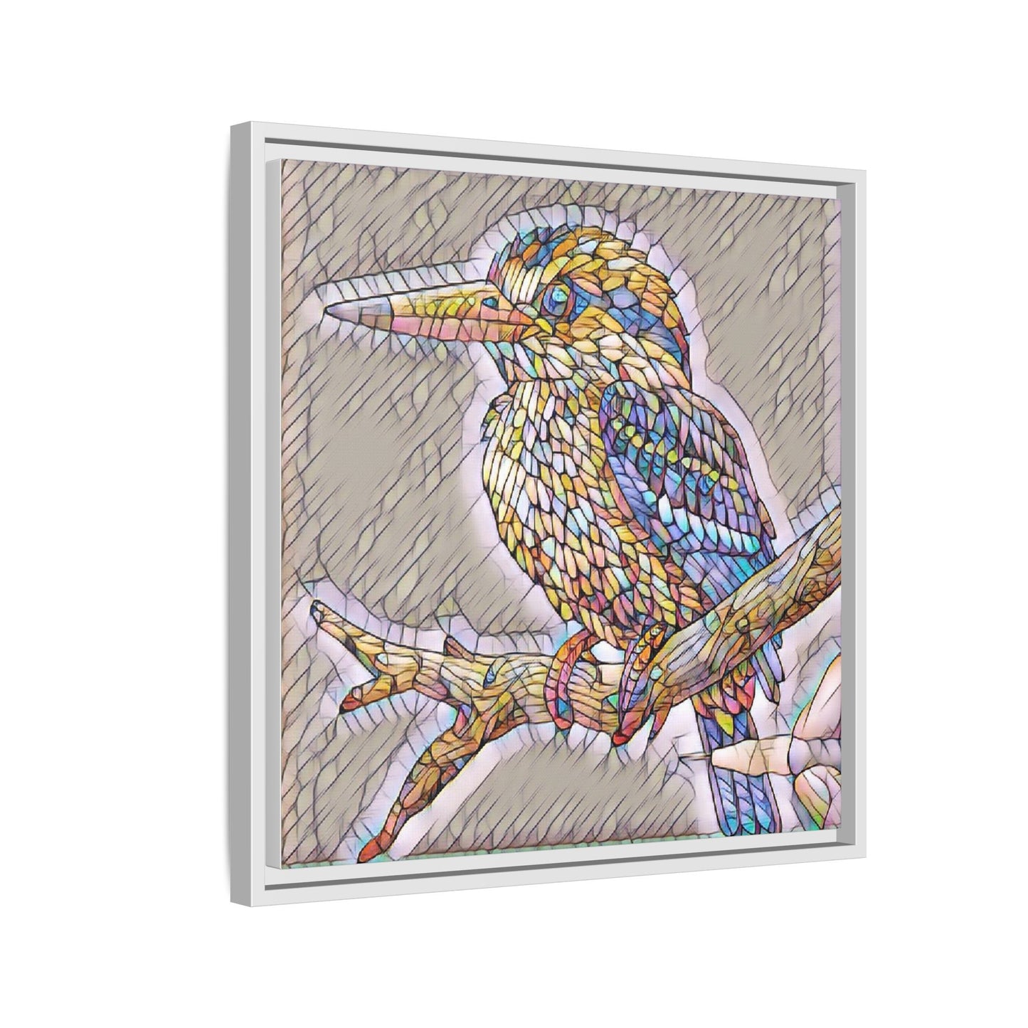 Colorful Kingfisher Framed Canvas Wall Art — Stained-Glass Style Bird Print