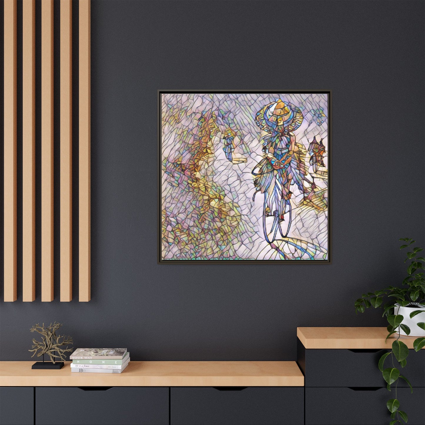 Abstract Cyclist Stained-Glass Art Print — Framed Matte Canvas