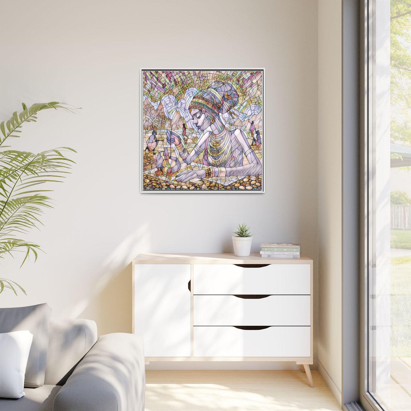 Framed Matte Canvas Art — Mosaic-Inspired Egyptian Woman Illustration