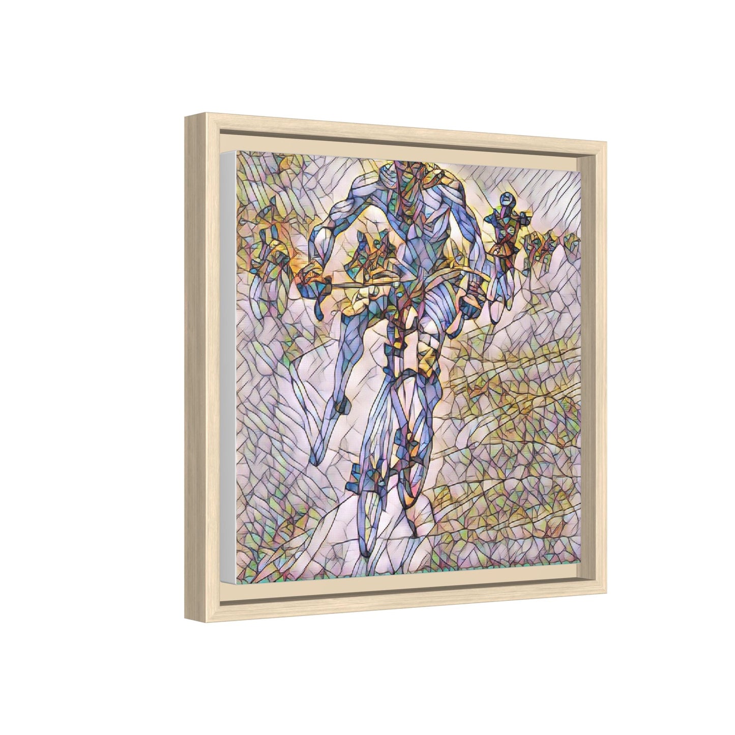 Abstract Cyclist Matte Canvas Framed Art — Colorful Stained-Glass Bike Print