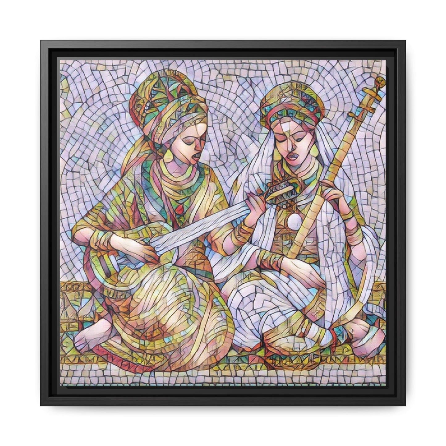 Framed Mosaic Art Print — Two Women Playing Lutes (Matte Canvas)