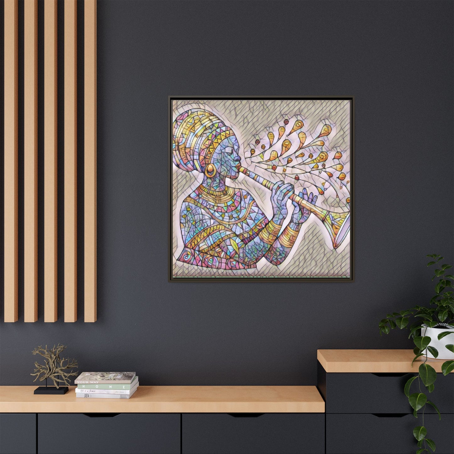 Framed Matte Canvas Art – Colorful African Musician Trumpet Print