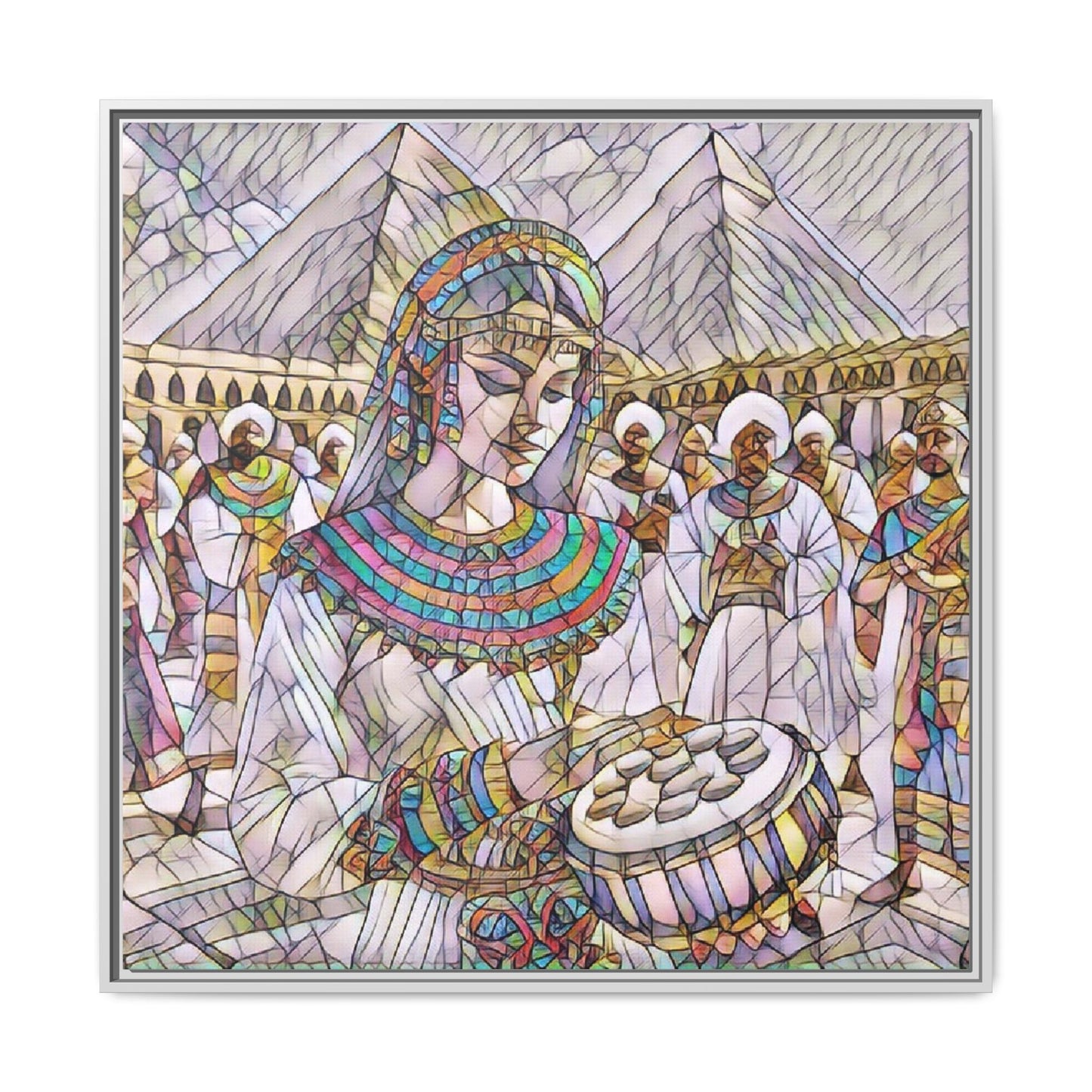 Egyptian Drum Player Framed Canvas Art — Colorful Ancient Scene Wall Decor