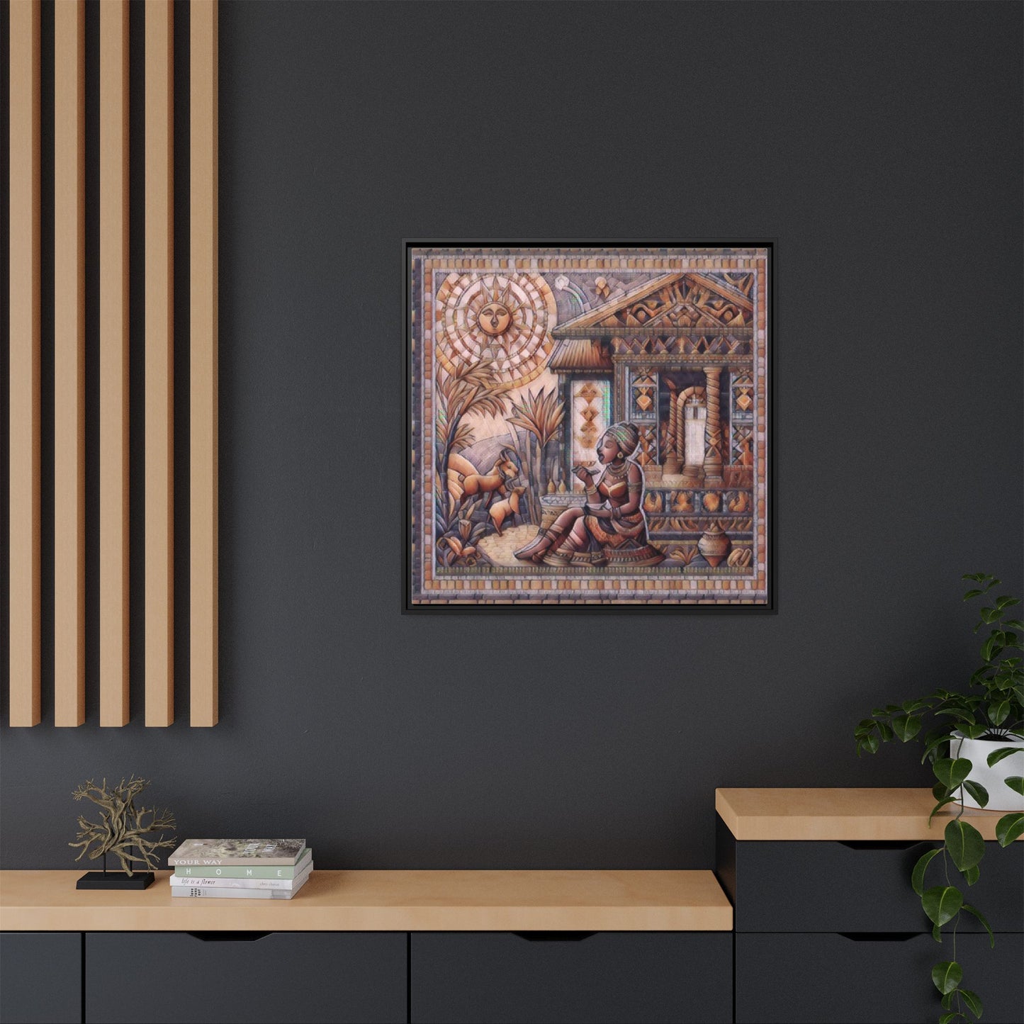 Egyptian Goddess Mosaic Framed Canvas Art — Colorful Ancient Ritual Wall Decor