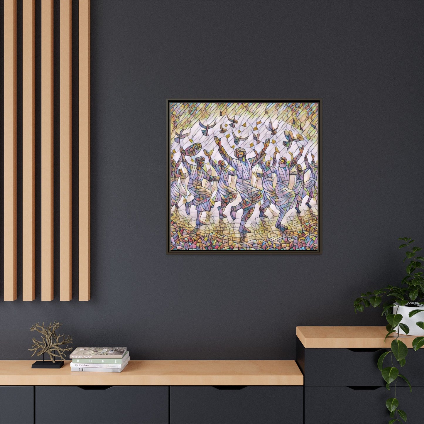 Framed Canvas Art - Joyful Dancers with Doves (Multicolor)