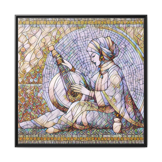 Framed Matte Canvas: Mosaic Lute Player Wall Art — Bohemian Musical Portrait