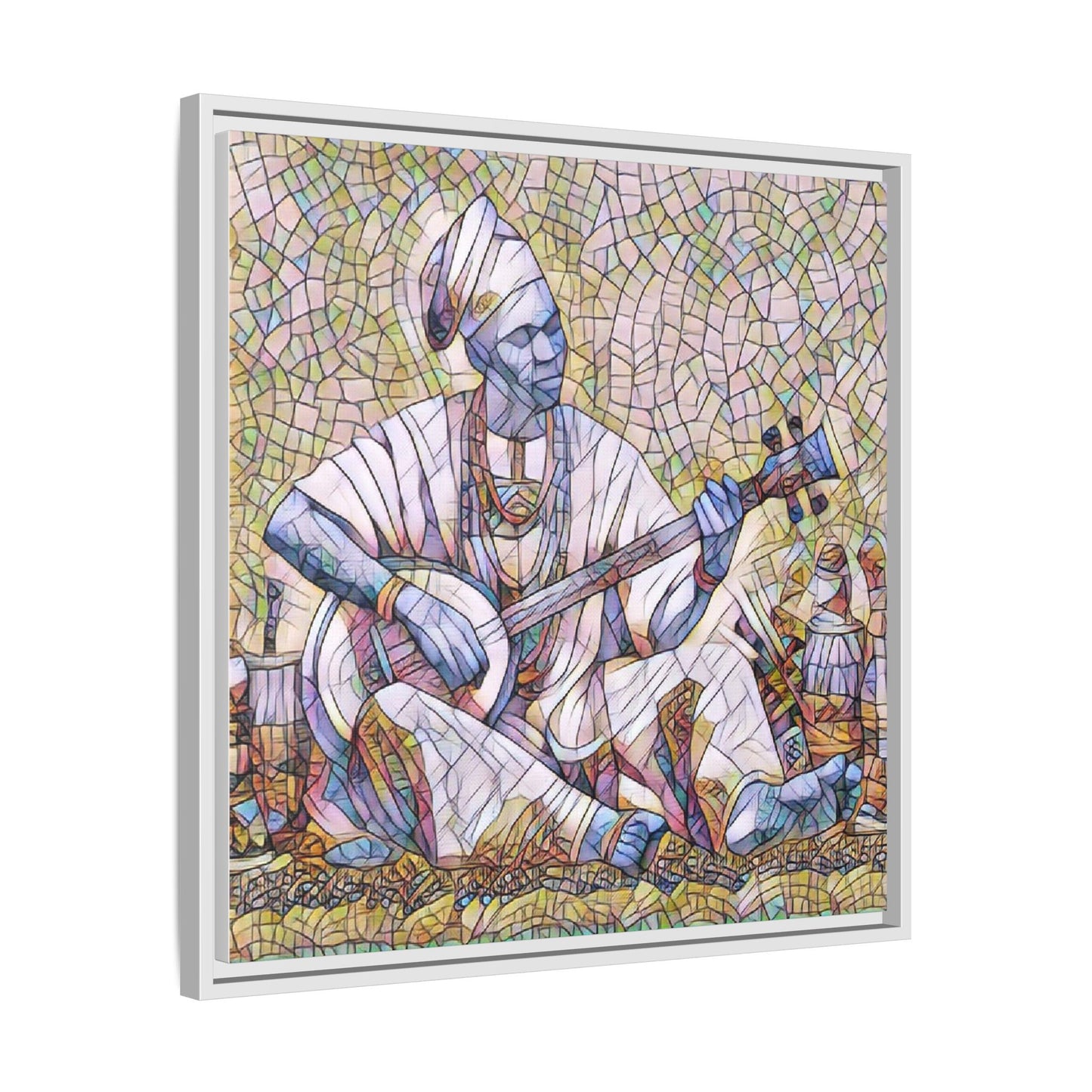Framed Mosaic Musician Canvas Art — African Griot with Kora
