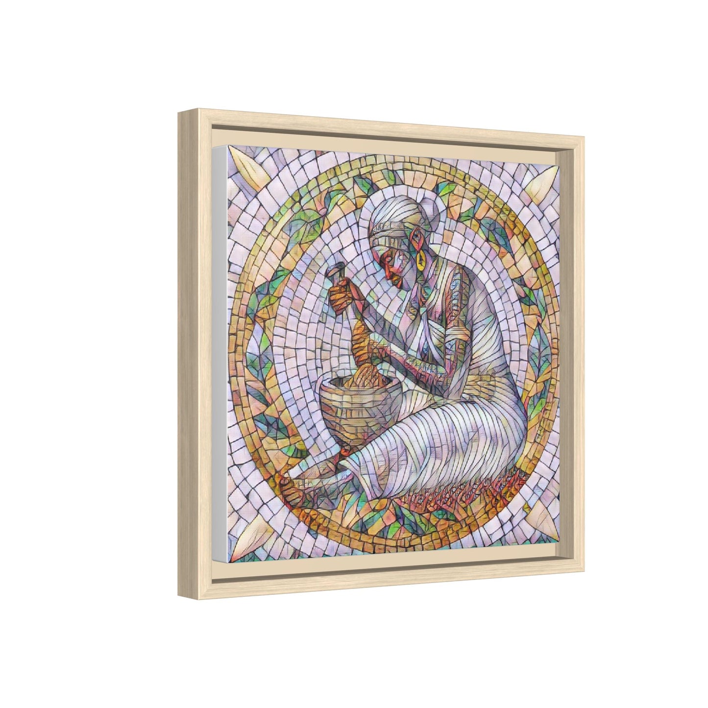 Framed Mosaic Art Print — Woman Grinding Grain (Matte Canvas)