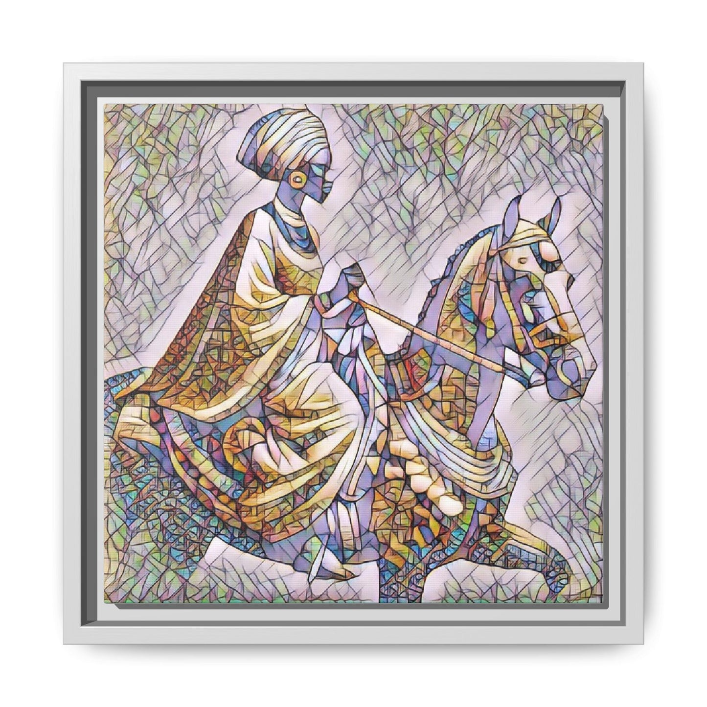 Mosaic Rider Framed Canvas Art — African Horsewoman Wall Decor