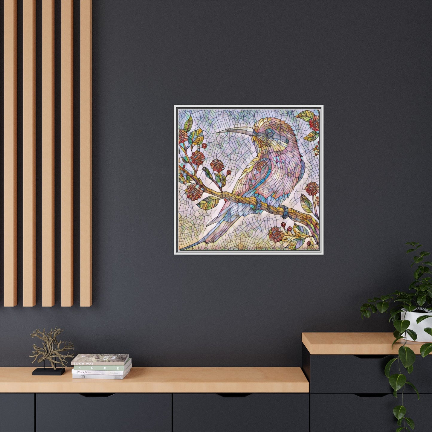 Framed Mosaic Bird Art Print — Colorful Kookaburra Wall Canvas