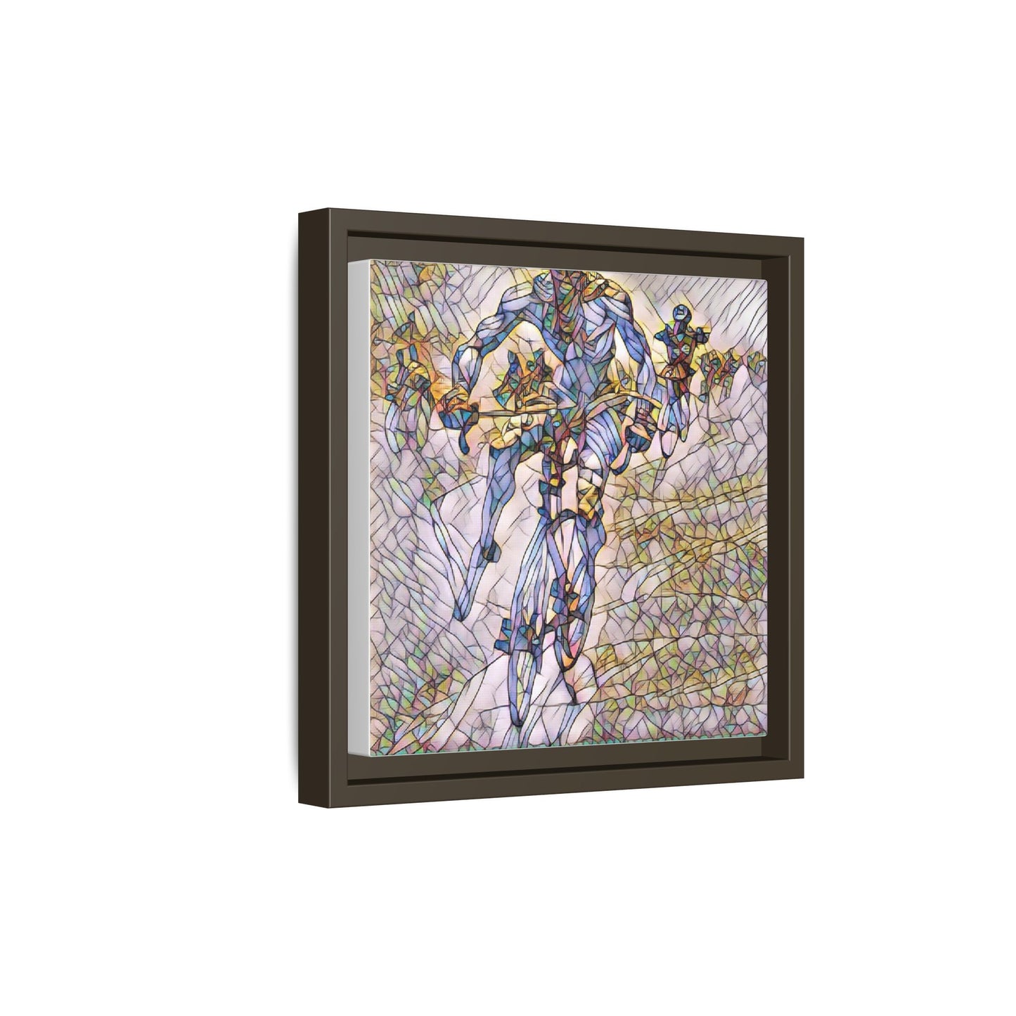 Abstract Cyclist Matte Canvas Framed Art — Colorful Stained-Glass Bike Print