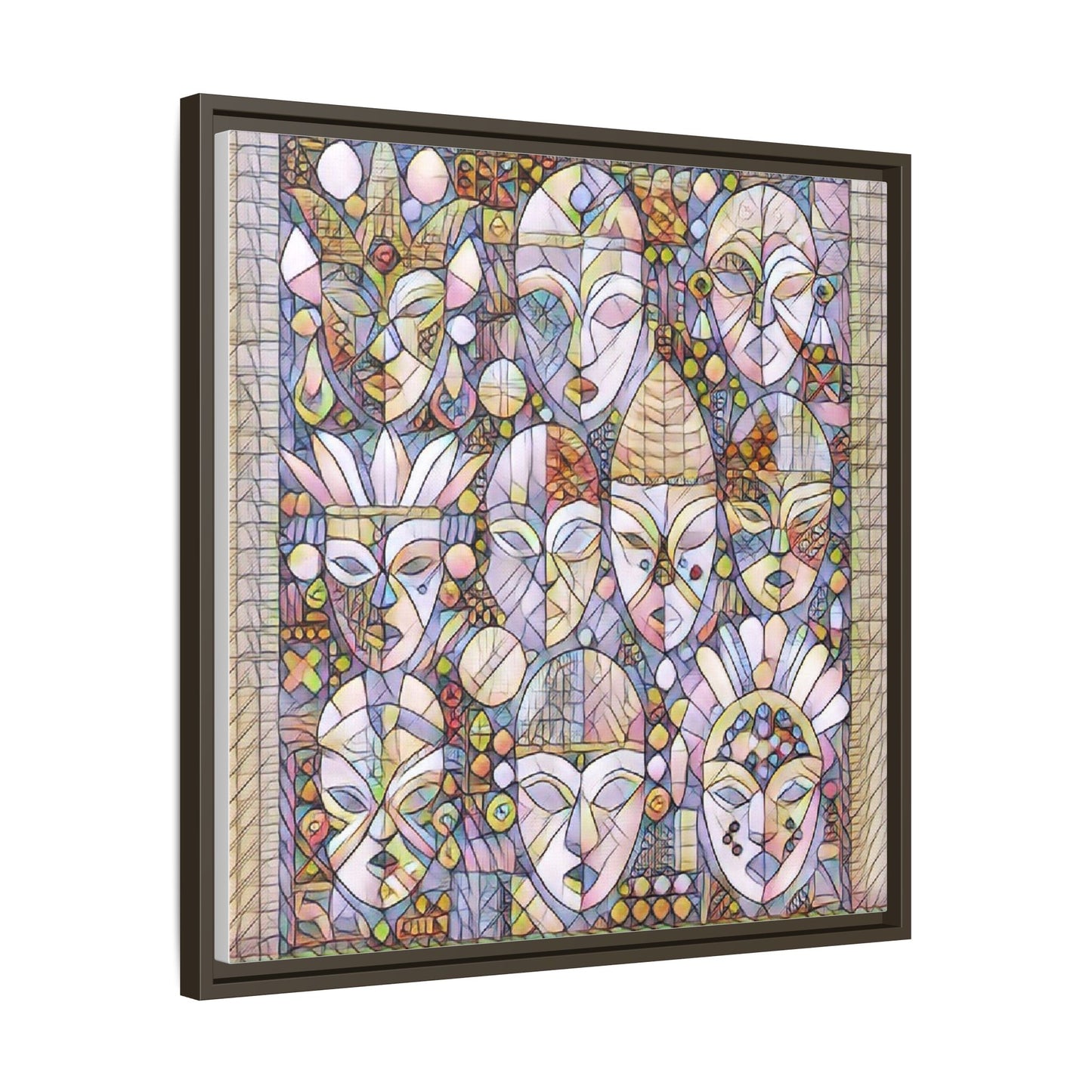 Framed Abstract Mask Art Canvas — Multicolor Stained-Glass Faces Wall Decor
