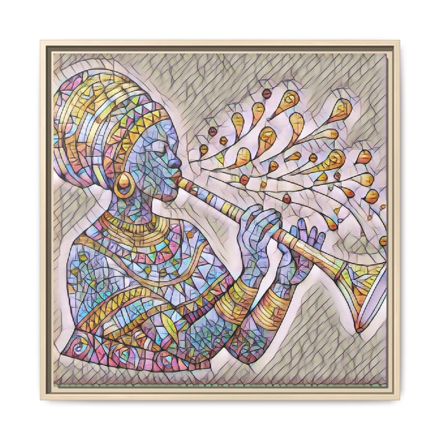 Framed Matte Canvas Art – Colorful African Musician Trumpet Print