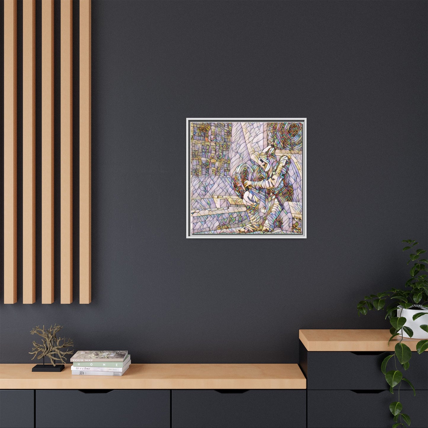 Framed Matte Canvas Art — Colorful Stained-Glass Astronaut Embrace