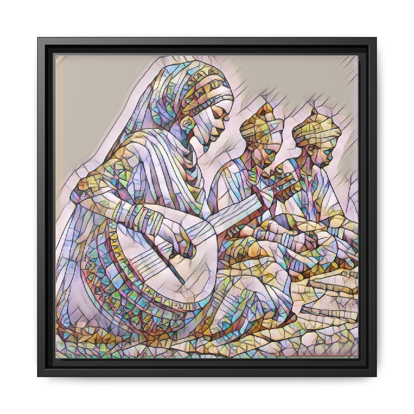 Framed Matte Canvas: Colorful Moroccan Musicians Wall Art