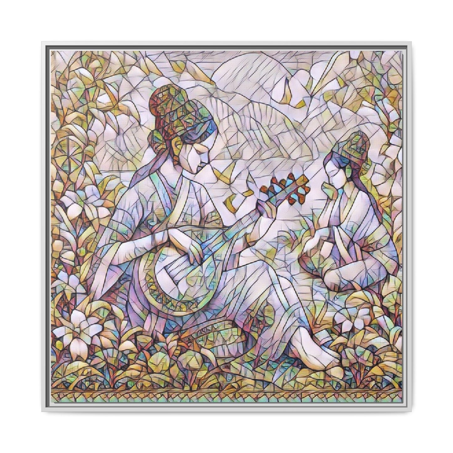 Framed Matte Canvas Art - Vintage Asian Musicians Floral Illustration