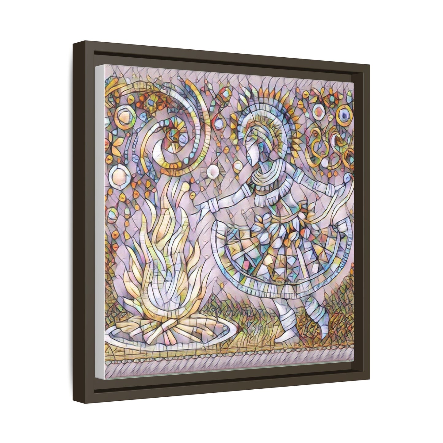Bohemian Fire Dancer Framed Canvas Art — Colorful Folk Mosaic Wall Decor