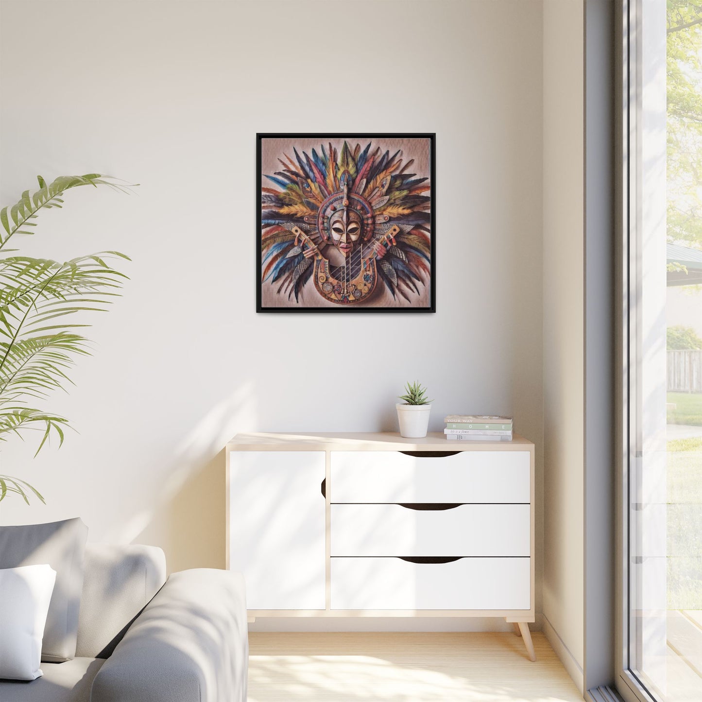 Tribal Feather Mask Guitar Framed Canvas Art — Colorful Boho Wall Decor