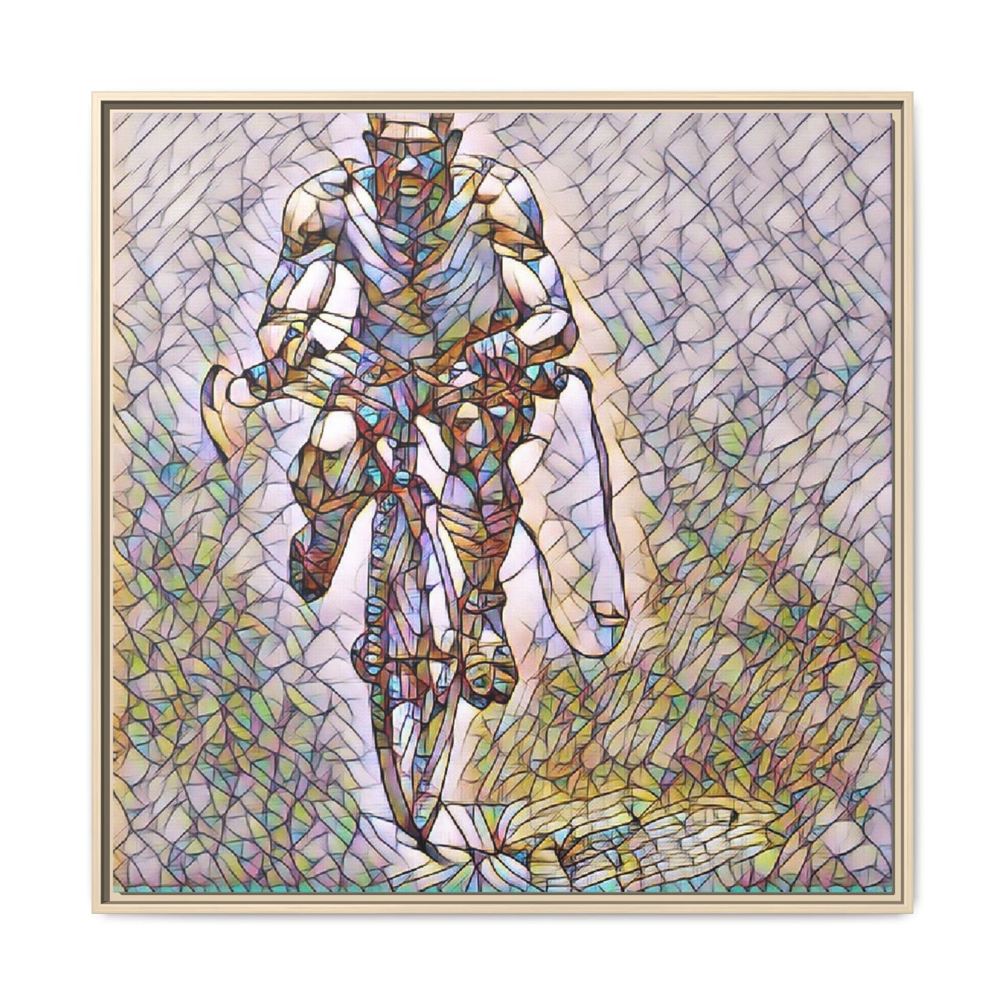 Cyclist Art Print — Framed Matte Canvas Wall Art (Multicolor Stained-Glass Style)