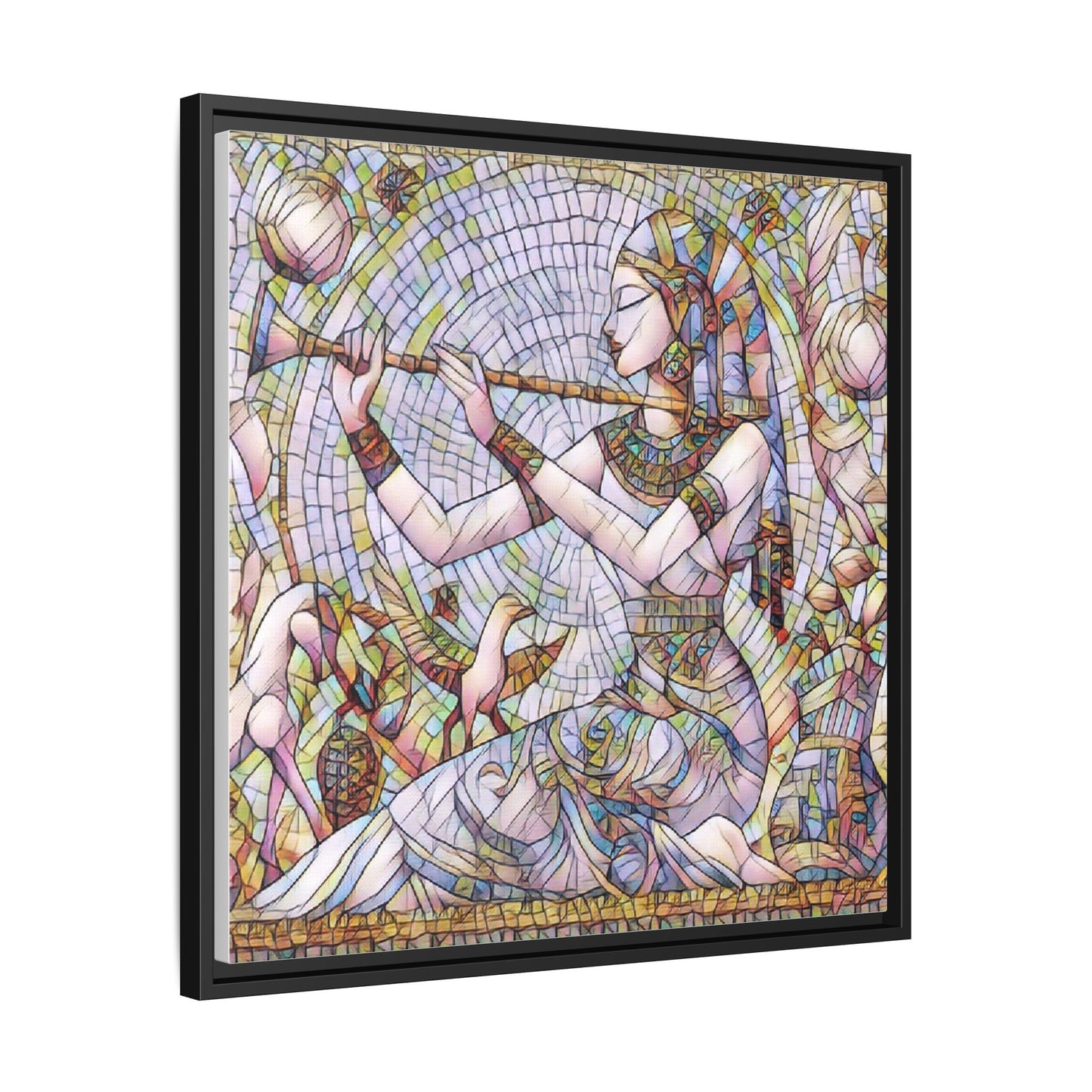 Egyptian Flute Player Framed Canvas Art — Colorful Mosaic Wall Decor
