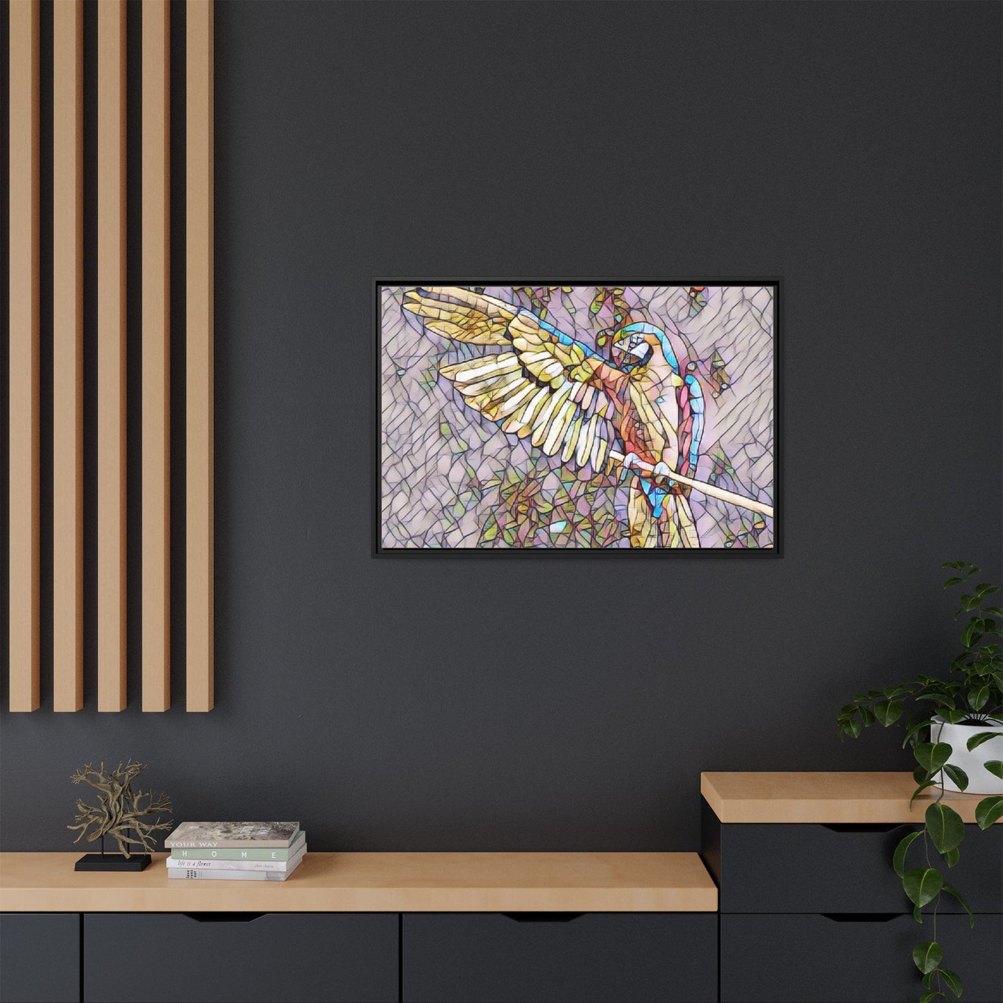 Framed Parrot Stained-Glass Art Print — Matte Canvas Wall Decor