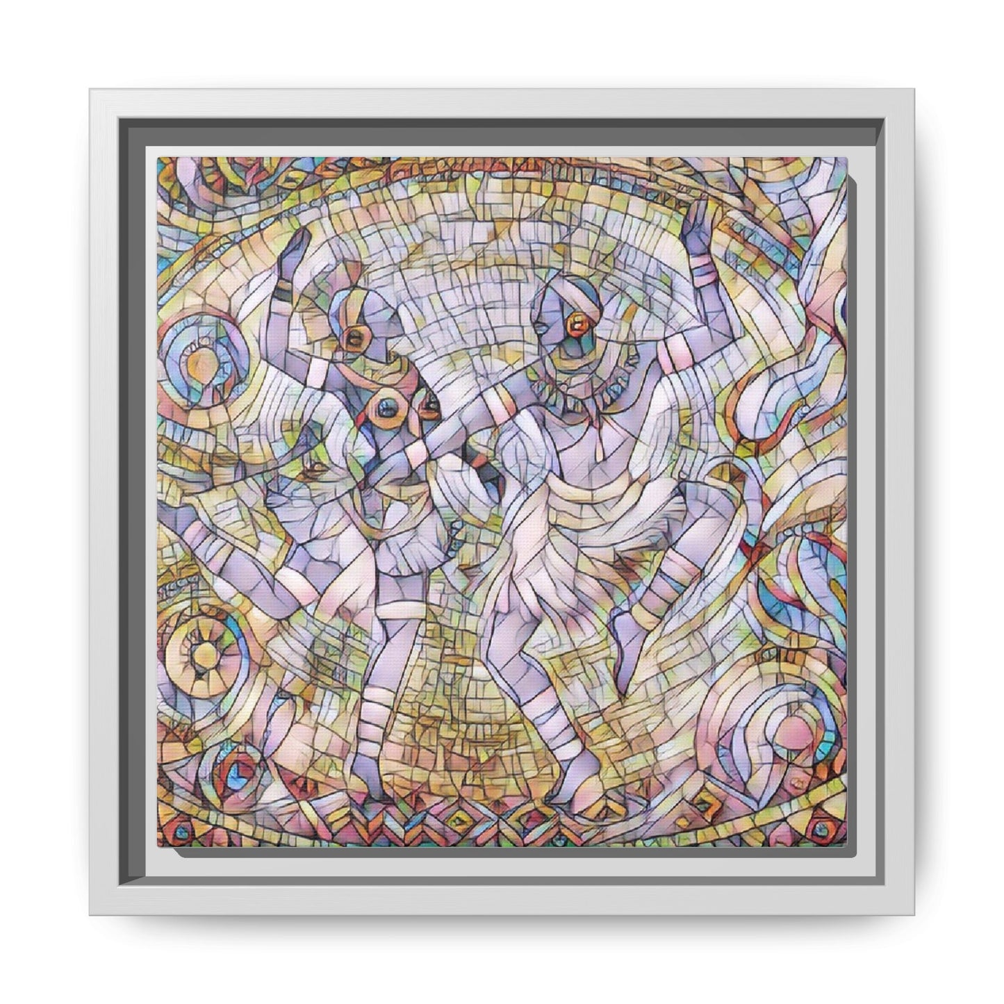Abstract Dancers Matte Framed Canvas Wall Art — Multi‑Color Stained Glass Style