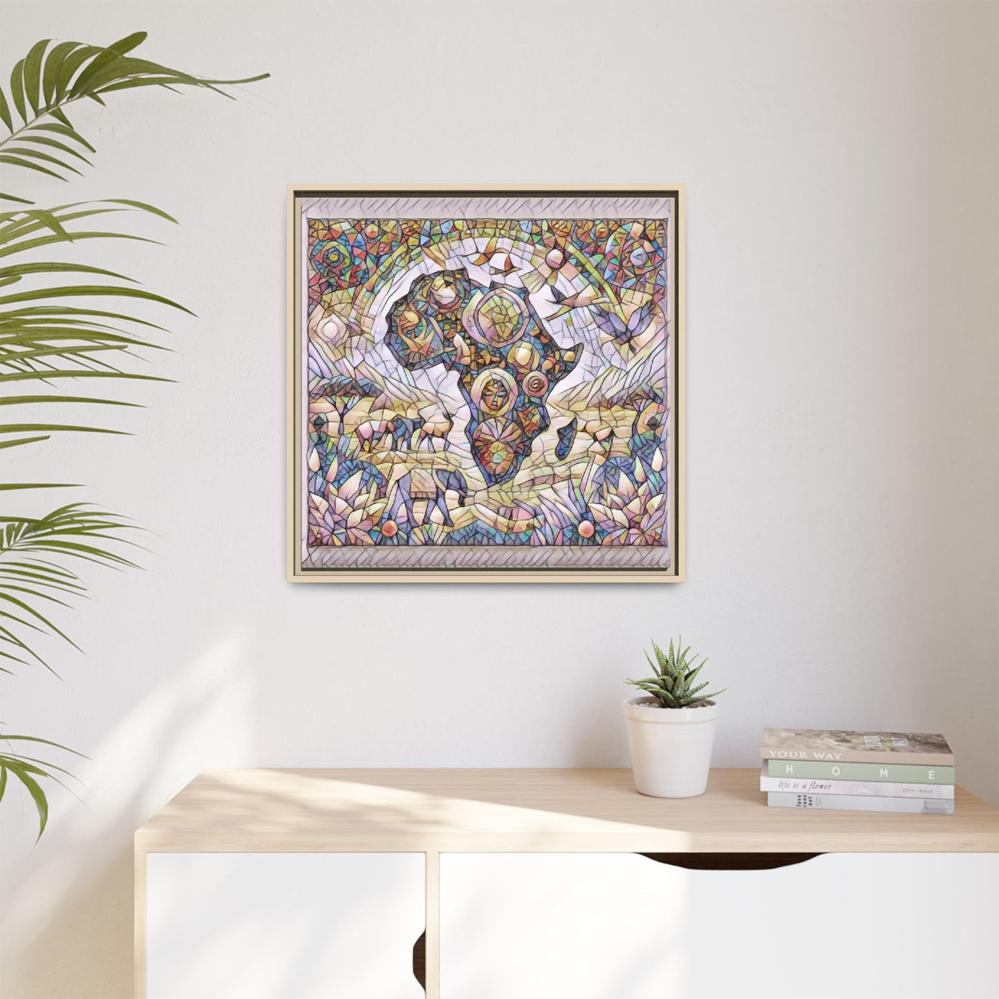 Abstract Mosaic Africa Framed Canvas — Colorful Stained-Glass Wall Art