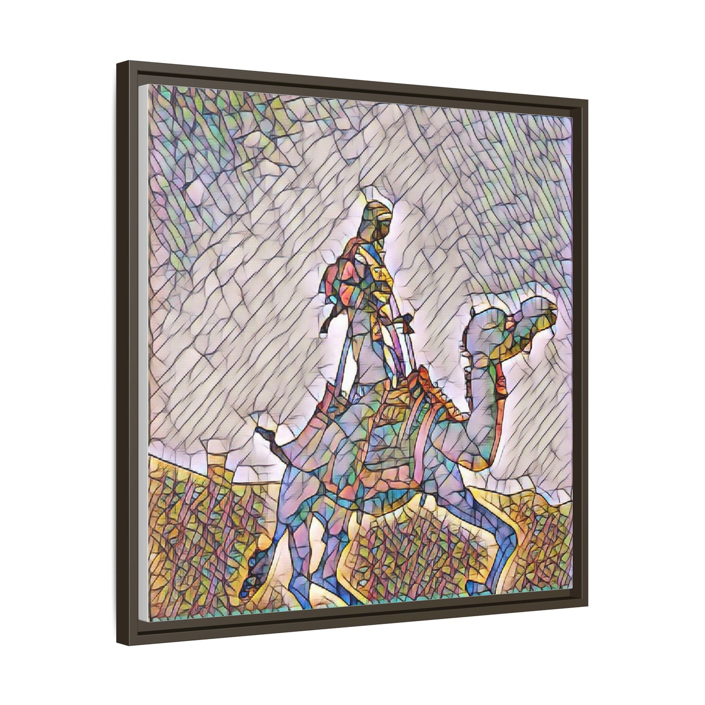 Framed Camel Rider Matte Canvas Art — Colorful Mosaic Desert Wall Decor
