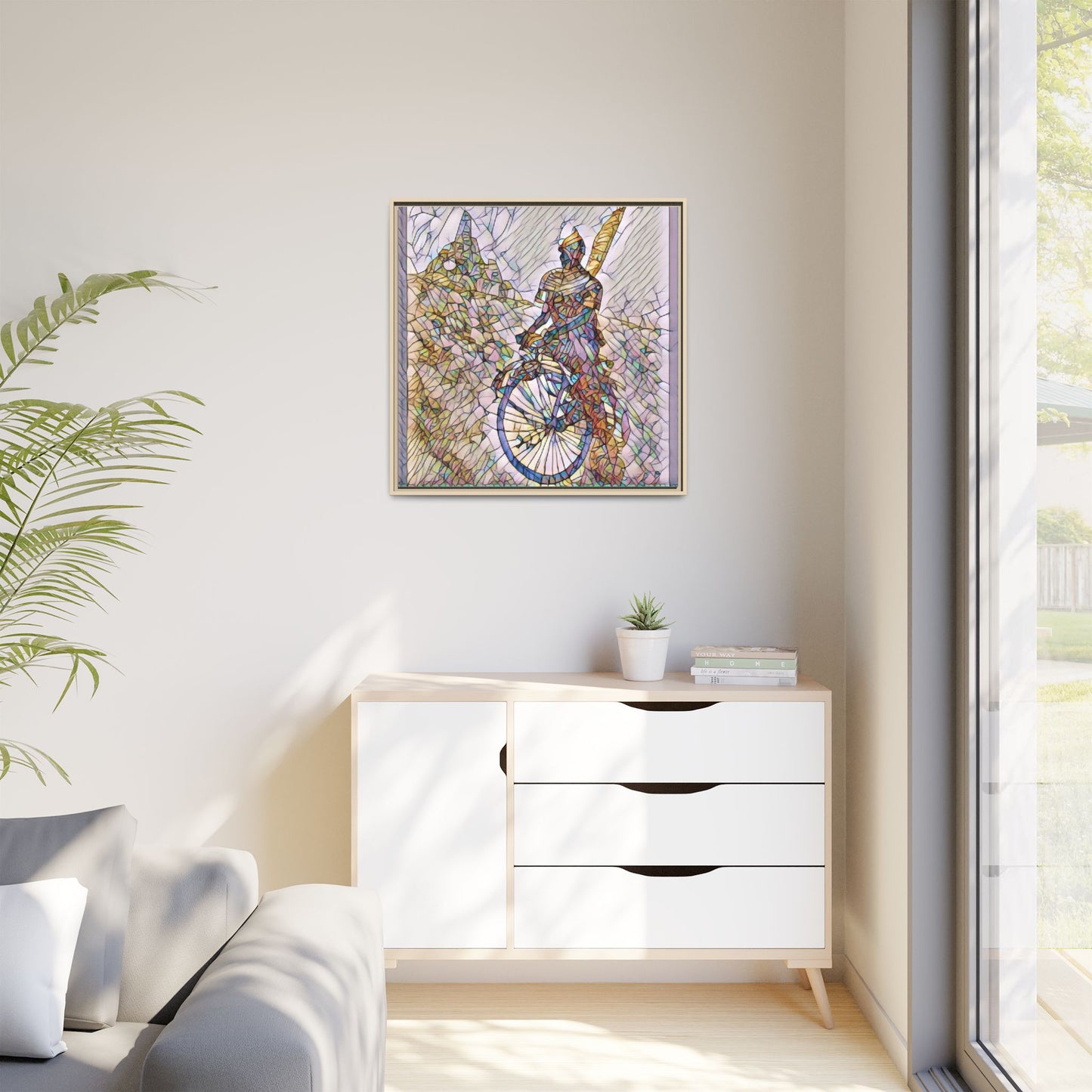 Cyclist Stained Glass Art Print — Framed Matte Canvas