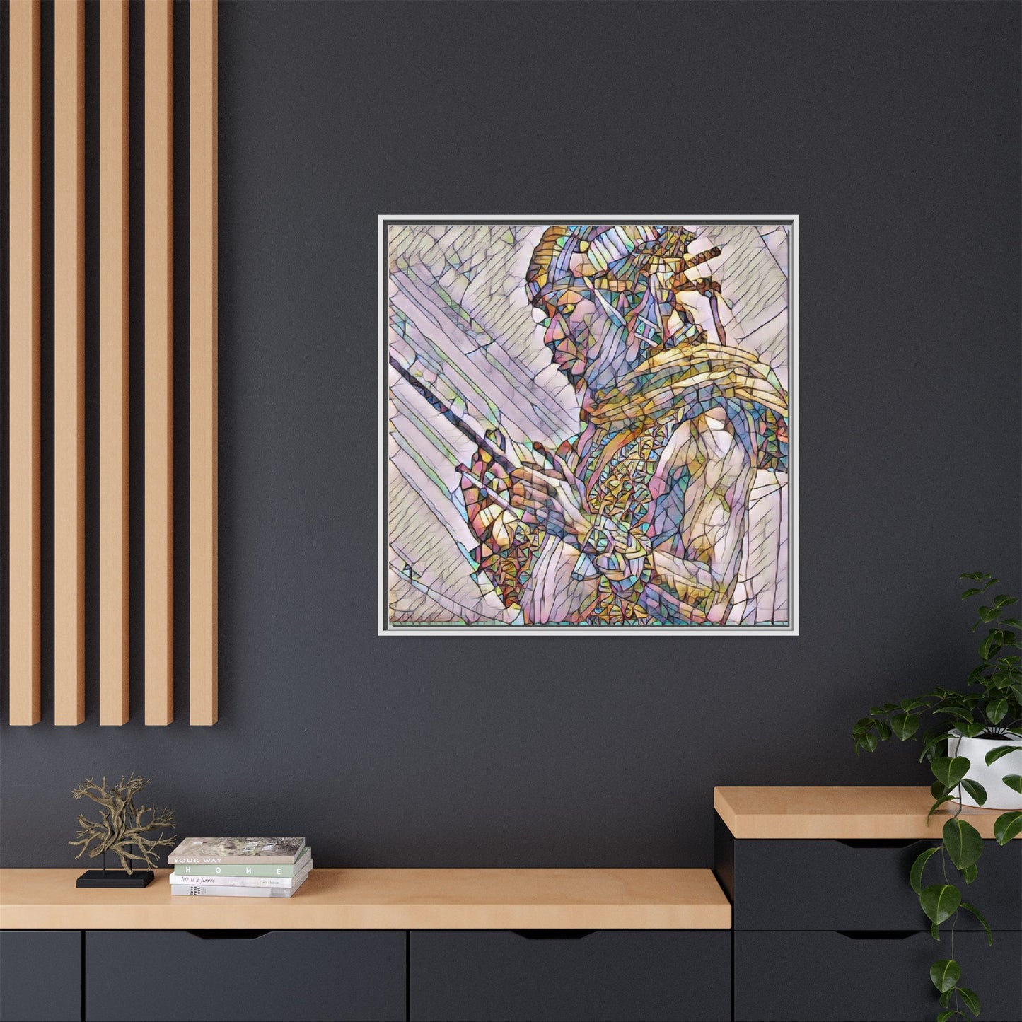 Framed Canvas Art - Colorful Tribal Warrior Portrait (Matte)