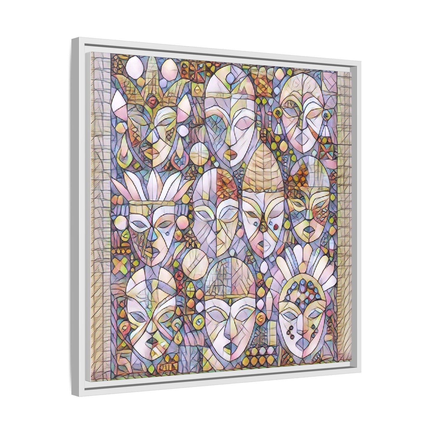 Framed Abstract Mask Art Canvas — Multicolor Stained-Glass Faces Wall Decor