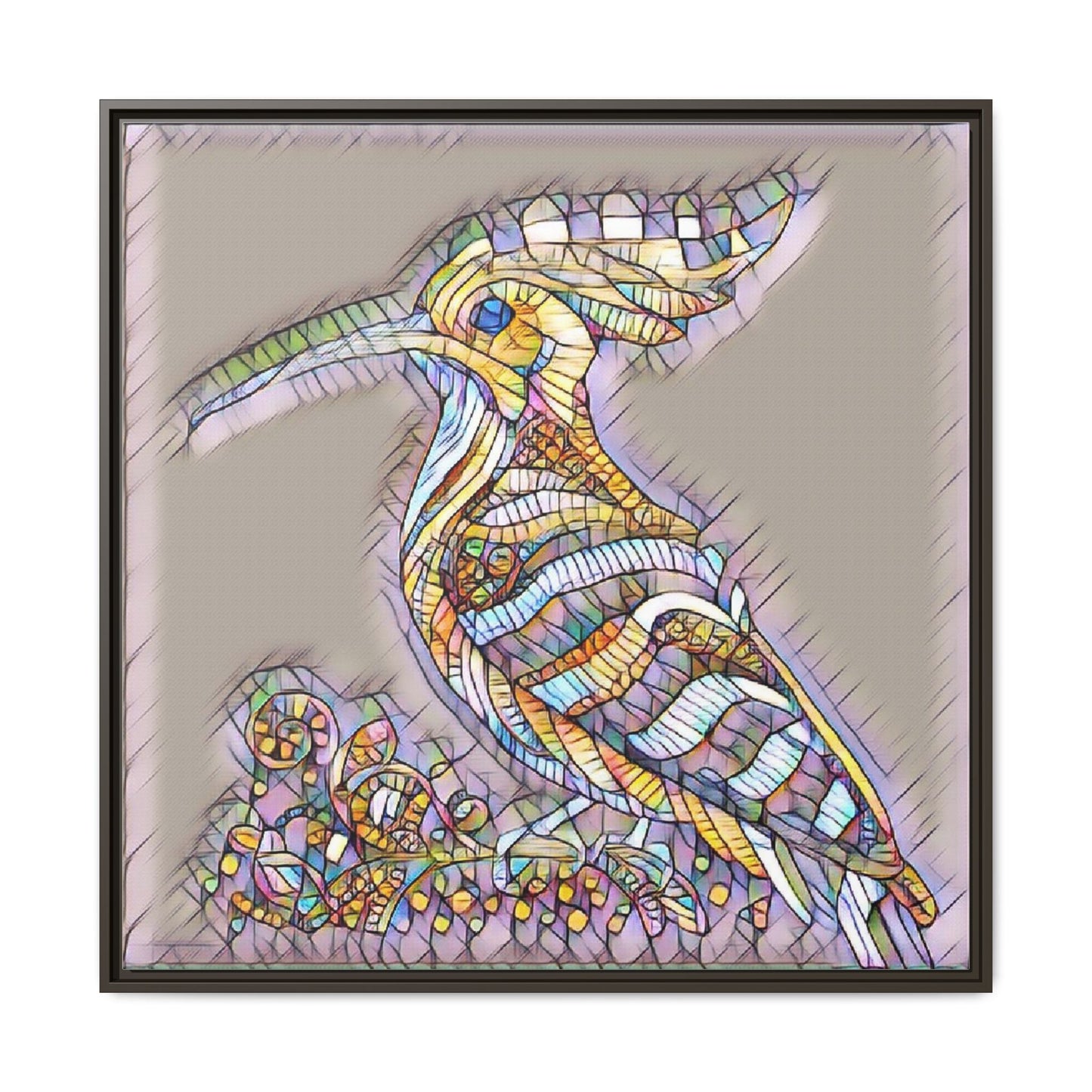 Colorful Mosaic Bird Framed Canvas Art — Whimsical Hoopoe Wall Decor